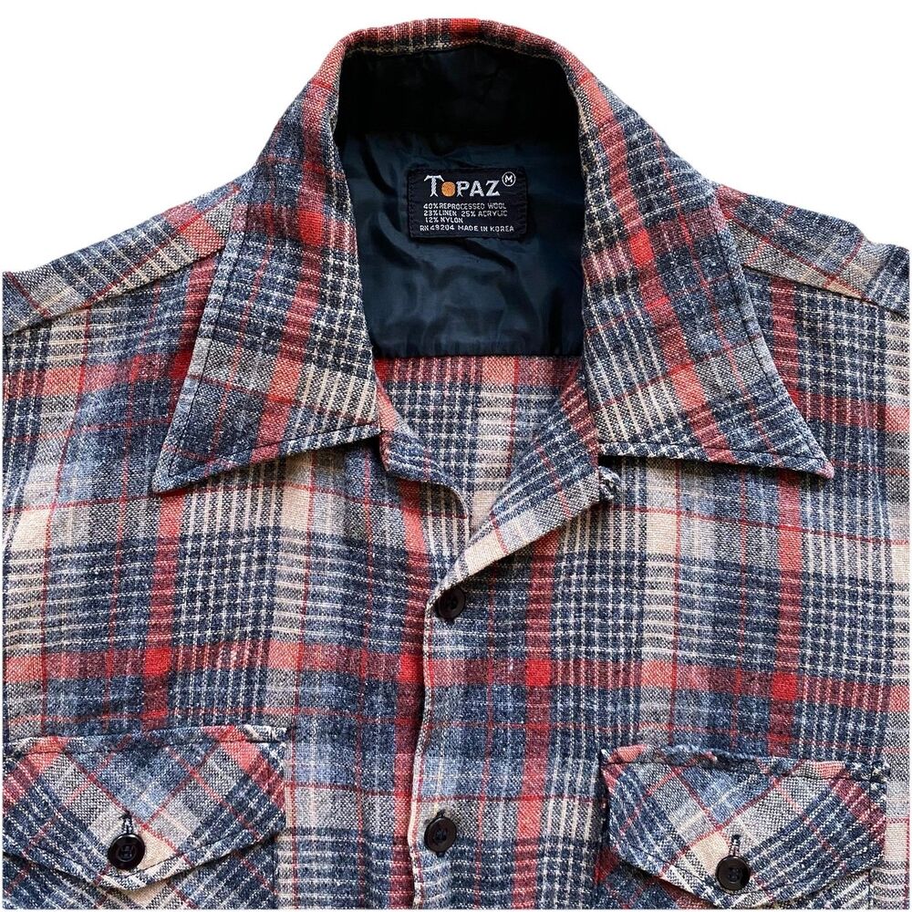 Vintage 70s Loop Collar Flannel Shirt Wool Blend Topaz Plaid Medium Camp